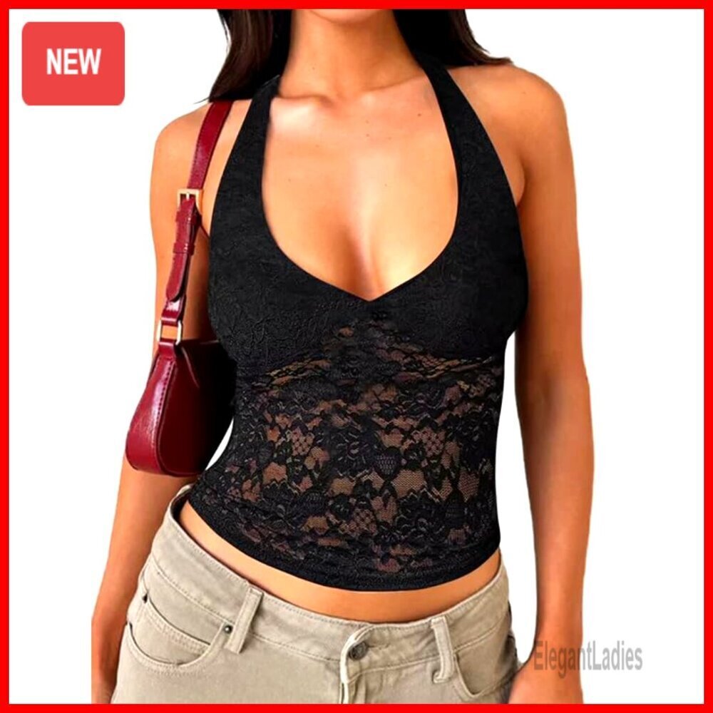 Lace Halter Crop Top V Neck Backless Sleeveless Tank Y2k Summer